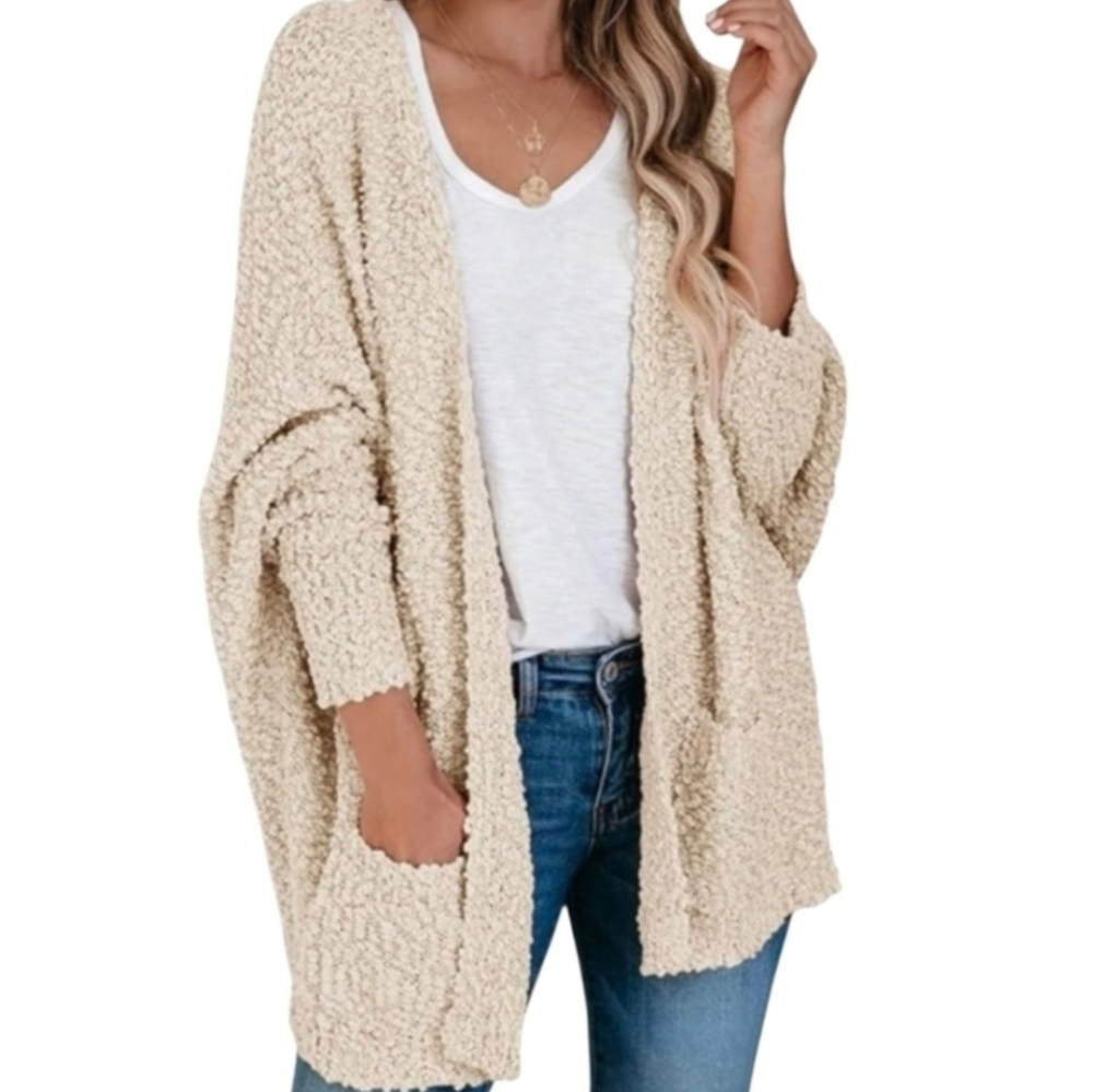 Umgee Ivory Open Front Drop Shoulder Popcorn Cardigan Women's Sweater Size S - Picture 2 of 16